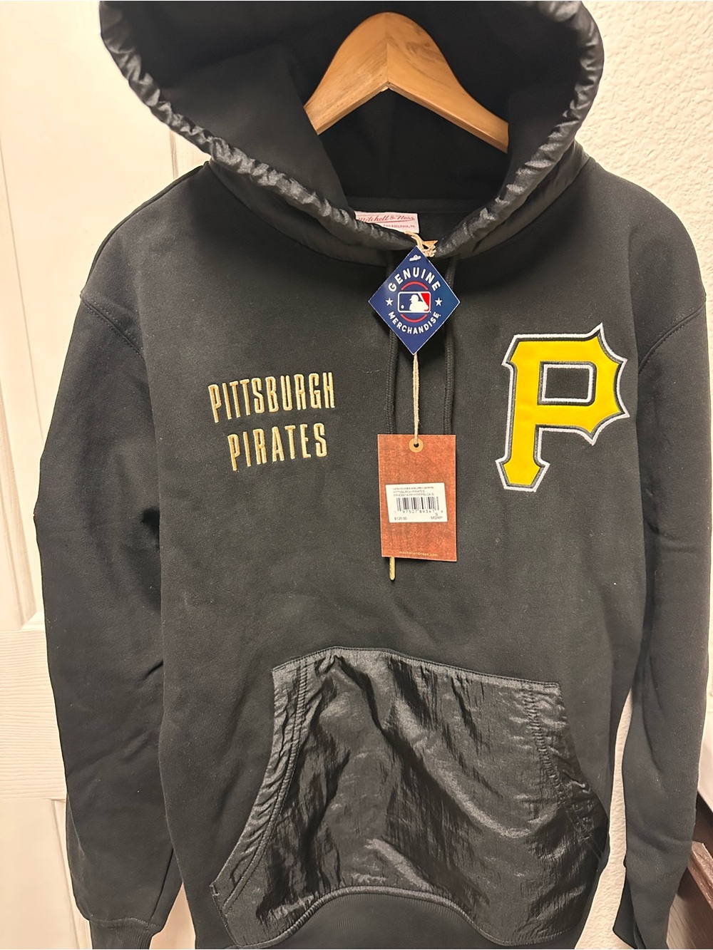 Unisex Mitchell & Ness Black Hoodie with Yellow 'P' Patch and Hood Graphic